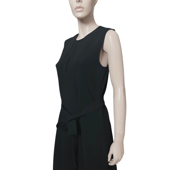 Theory Desza Deep Navy Admiral Crepe Black Asymetrical Hem Belted Dress Sz 6 - Picture 10 of 15